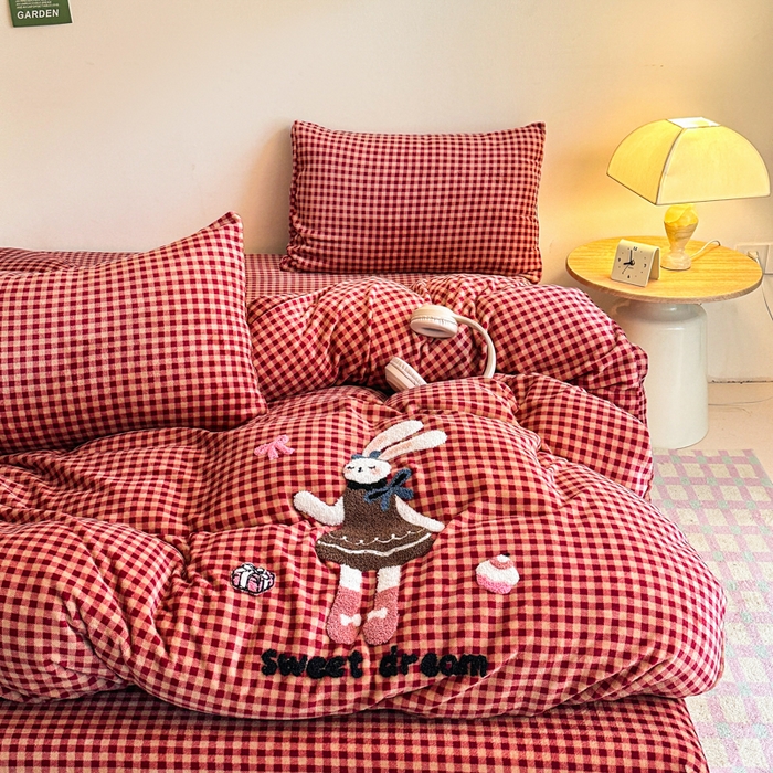 91家纺网 家纺一手货源 找家纺 喜梦缘 2025新款牛奶绒床笠四件套 可爱兔兔