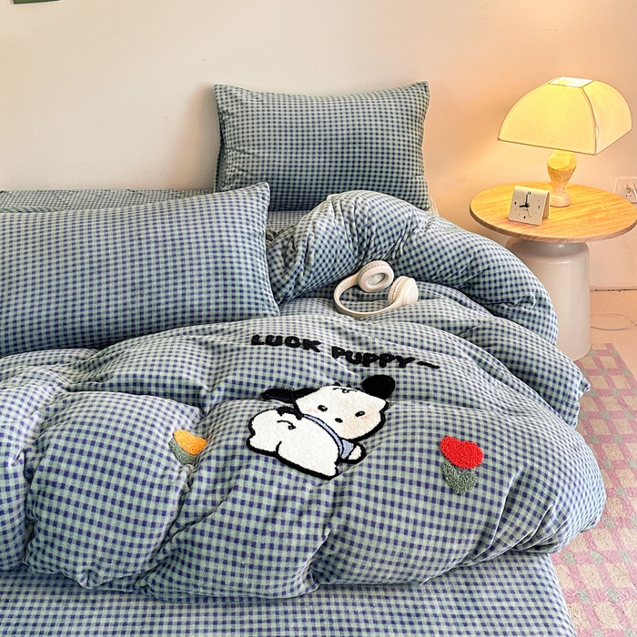 91家纺网 家纺一手货源 找家纺 喜梦缘 2025新款牛奶绒床笠四件套 恰恰狗