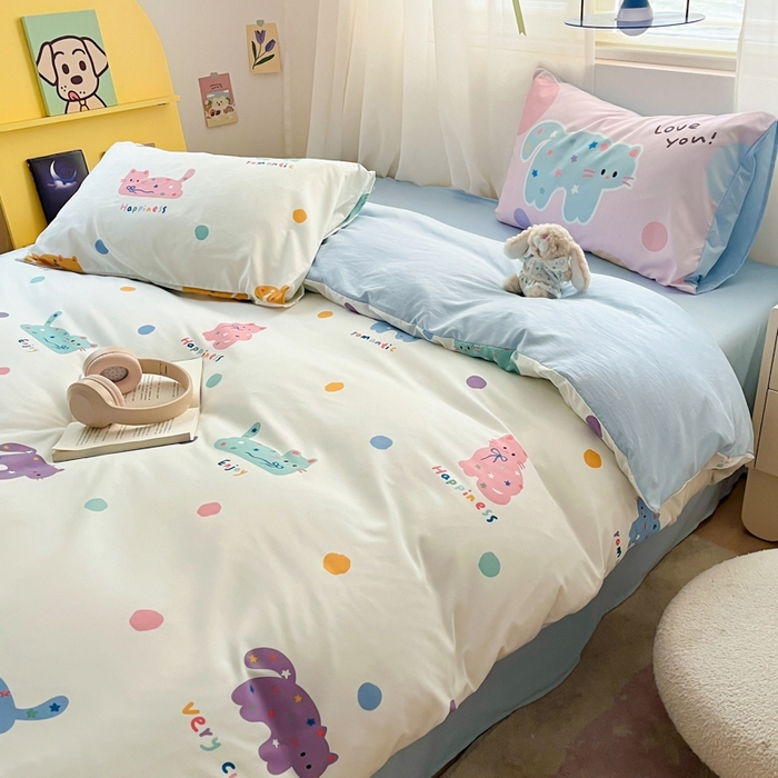 91家纺网 家纺一手货源 找家纺 港岛妹妹 2024新款水洗工艺大版枕套四件套 大版-马卡龙猫咪