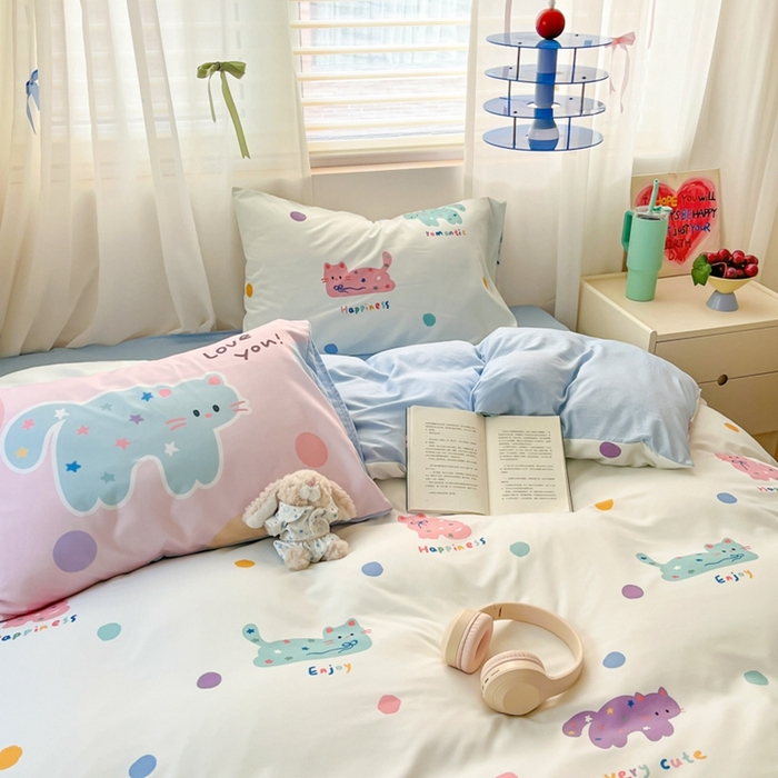 91家纺网 家纺一手货源 找家纺 港岛妹妹 2024新款水洗工艺大版枕套四件套 大版-马卡龙猫咪