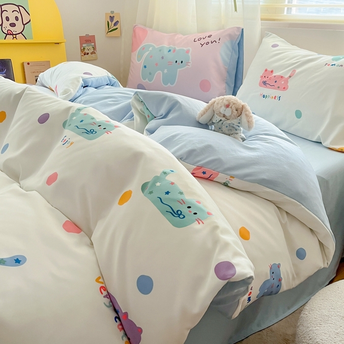 91家纺网 家纺一手货源 找家纺 港岛妹妹 2024新款水洗工艺大版枕套四件套 大版-马卡龙猫咪