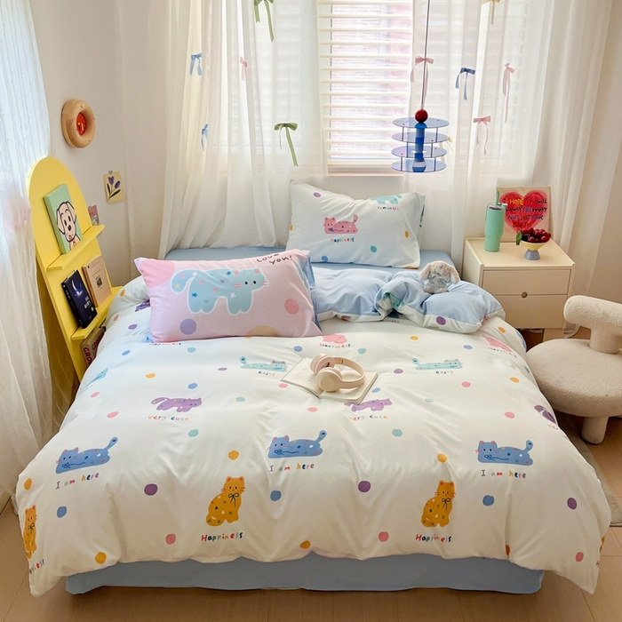 港岛妹妹 2024新款水洗工艺大版枕套四件套 大版-马卡龙猫咪