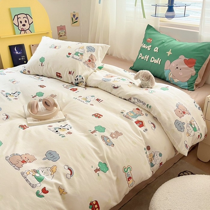 91家纺网 家纺一手货源 找家纺 港岛妹妹 2024新款水洗工艺大版枕套四件套 大版-森林巴士