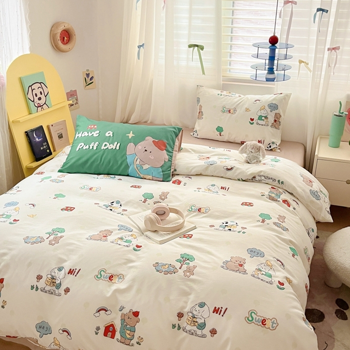 91家纺网 家纺一手货源 找家纺 港岛妹妹 2024新款水洗工艺大版枕套四件套 大版-森林巴士