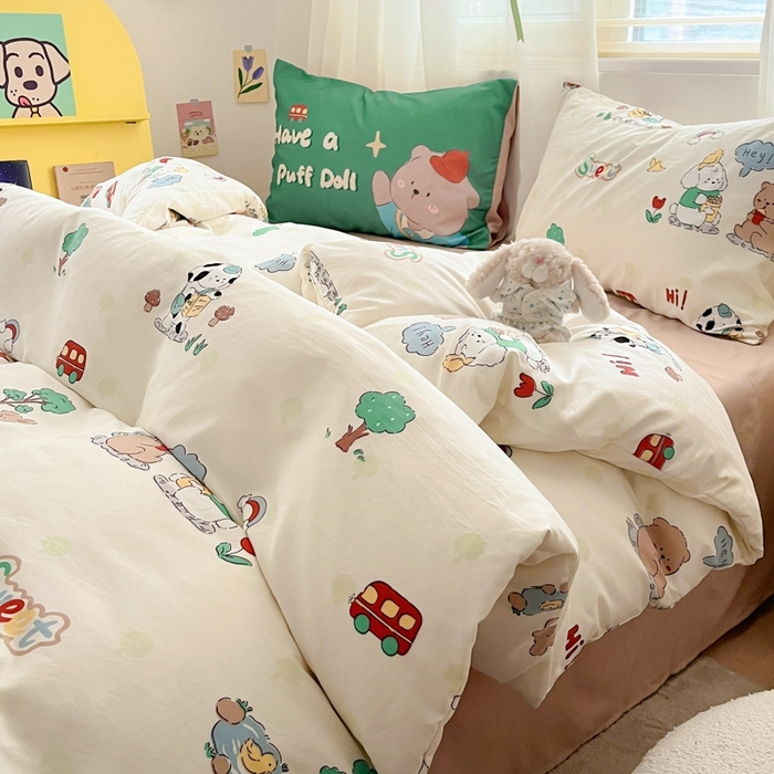 91家纺网 家纺一手货源 找家纺 港岛妹妹 2024新款水洗工艺大版枕套四件套 大版-森林巴士