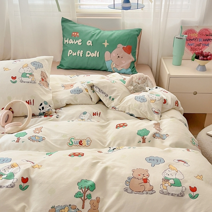 91家纺网 家纺一手货源 找家纺 港岛妹妹 2024新款水洗工艺大版枕套四件套 大版-森林巴士