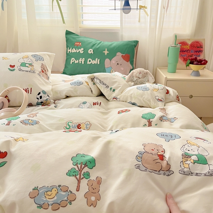 91家纺网 家纺一手货源 找家纺 港岛妹妹 2024新款水洗工艺大版枕套四件套 大版-森林巴士