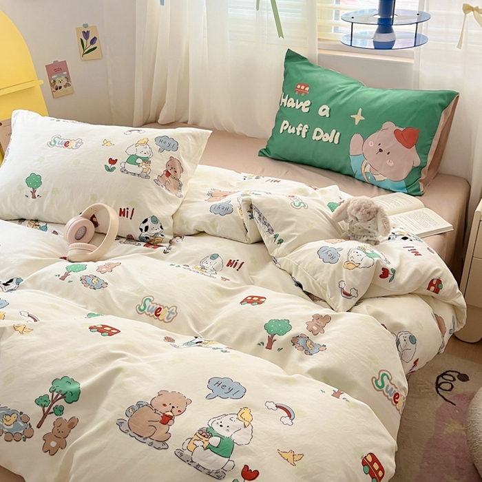 91家纺网 家纺一手货源 找家纺 港岛妹妹 2024新款水洗工艺大版枕套四件套 大版-森林巴士