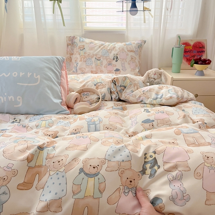 91家纺网 家纺一手货源 找家纺 港岛妹妹 2024新款水洗工艺大版枕套四件套 大版-泰迪一家