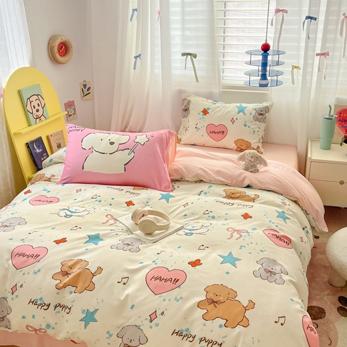 91家纺网 家纺一手货源 找家纺 港岛妹妹 2024新款水洗工艺大版枕套四件套 大版-元气小狗