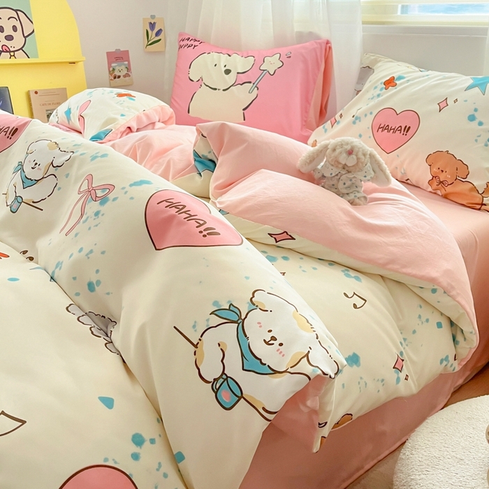 91家纺网 家纺一手货源 找家纺 港岛妹妹 2024新款水洗工艺大版枕套四件套 大版-元气小狗