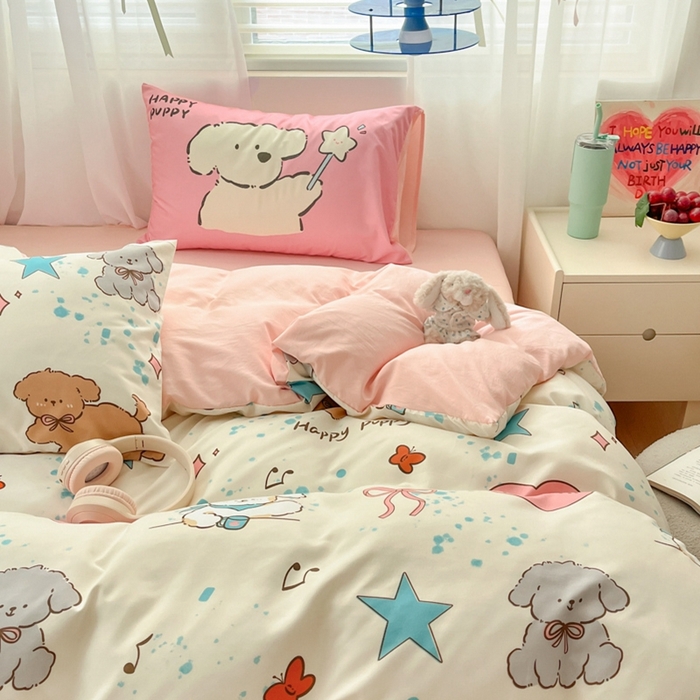 91家纺网 家纺一手货源 找家纺 港岛妹妹 2024新款水洗工艺大版枕套四件套 大版-元气小狗