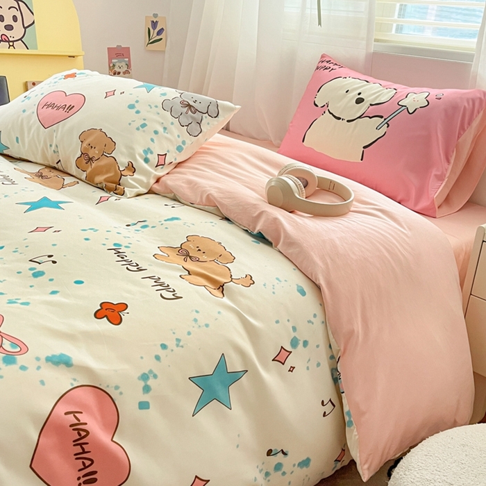 91家纺网 家纺一手货源 找家纺 港岛妹妹 2024新款水洗工艺大版枕套四件套 大版-元气小狗