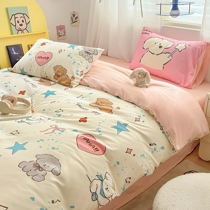 91家纺网 家纺一手货源 找家纺 港岛妹妹 2024新款水洗工艺大版枕套四件套 大版-元气小狗