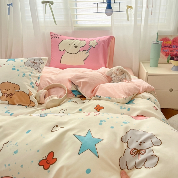 91家纺网 家纺一手货源 找家纺 港岛妹妹 2024新款水洗工艺大版枕套四件套 大版-元气小狗