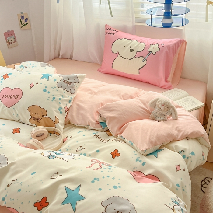 91家纺网 家纺一手货源 找家纺 港岛妹妹 2024新款水洗工艺大版枕套四件套 大版-元气小狗