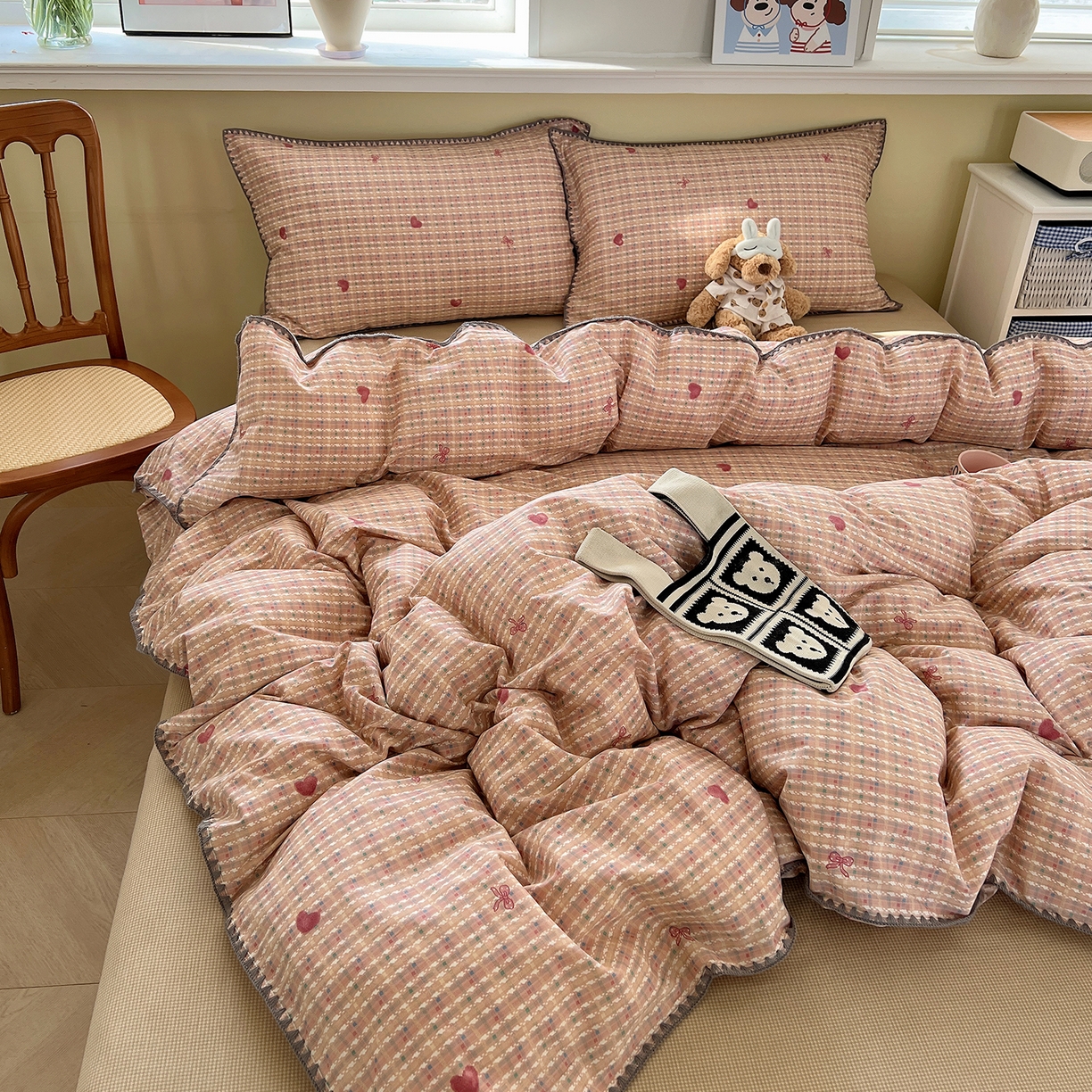 91家纺网 家纺一手货源 找家纺 瑞莱 2026新款全棉印花贝壳边四件套 爱心结