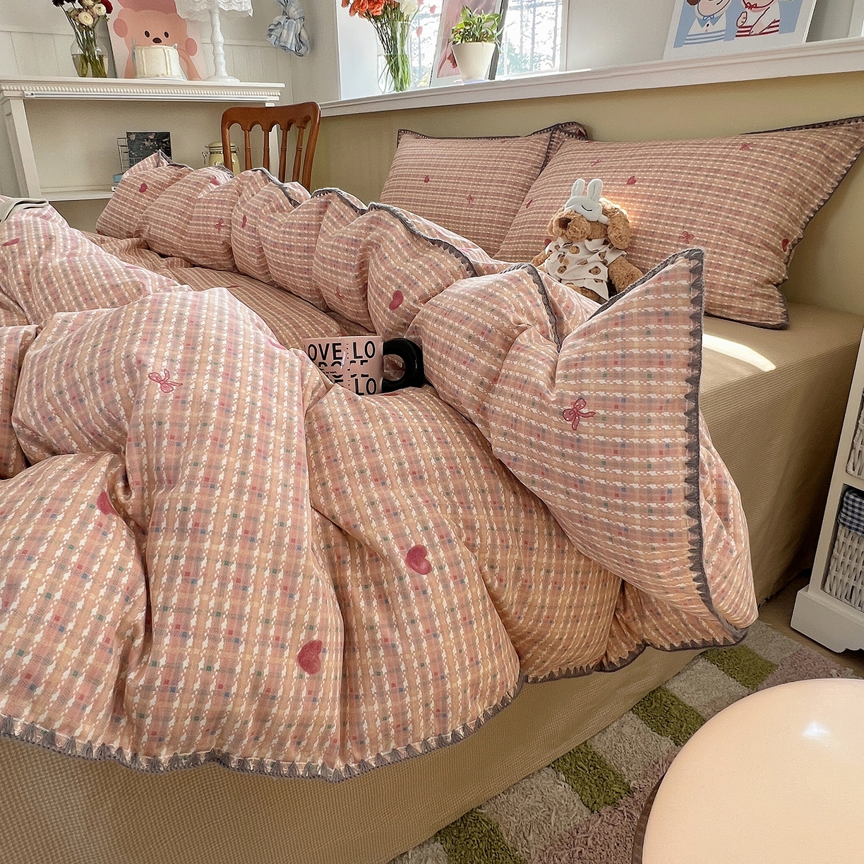 91家纺网 家纺一手货源 找家纺 瑞莱 2026新款全棉印花贝壳边四件套 爱心结