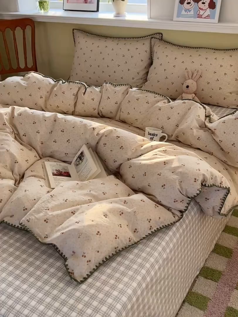 91家纺网 家纺一手货源 找家纺 瑞莱 2026新款全棉印花贝壳边四件套 刺绣潮声