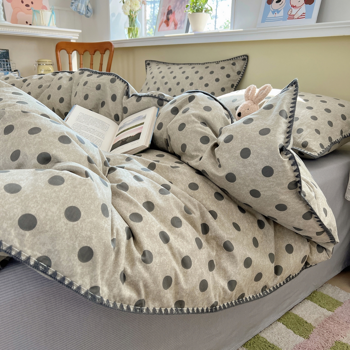 瑞莱 2026新款全棉印花贝壳边四件套 灰调波点