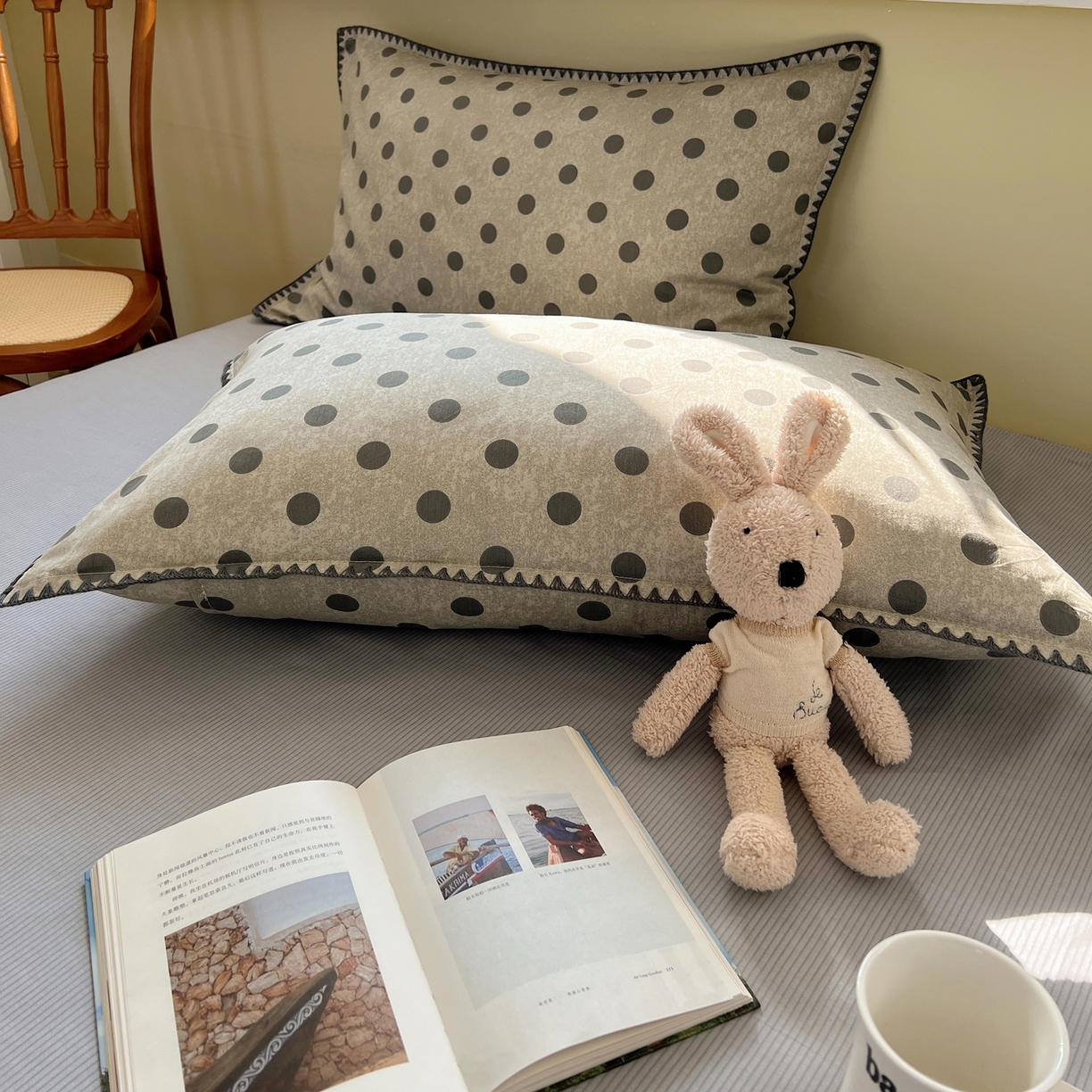 91家纺网 家纺一手货源 找家纺 瑞莱 2026新款全棉印花贝壳边四件套 灰调波点