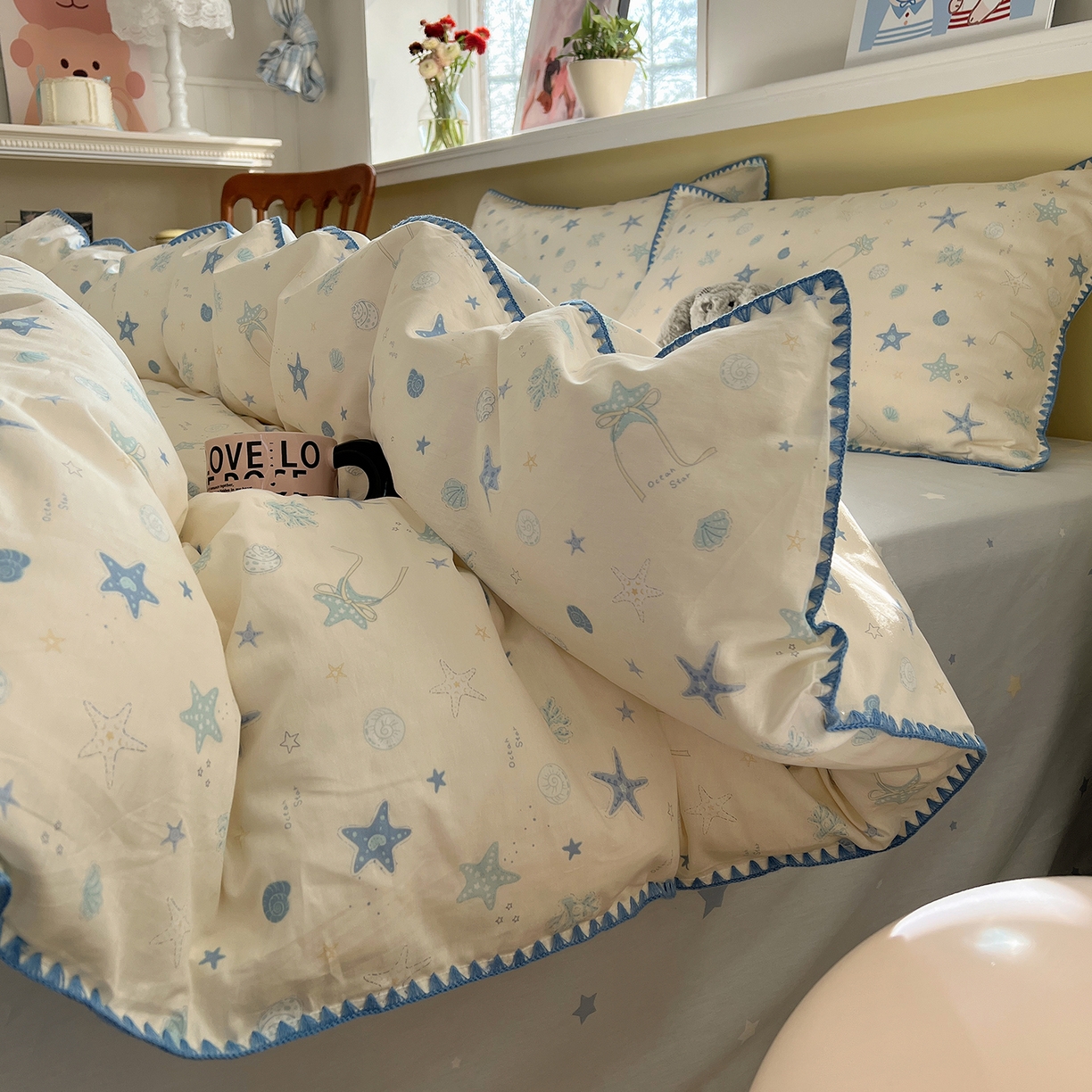 瑞莱 2026新款全棉印花贝壳边四件套 挽星河