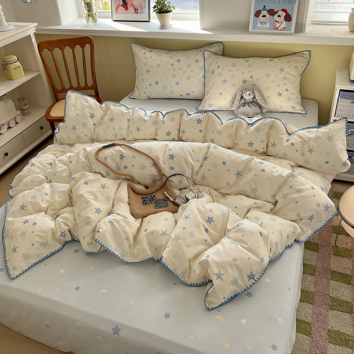 91家纺网 家纺一手货源 找家纺 瑞莱 2026新款全棉印花贝壳边四件套 挽星河