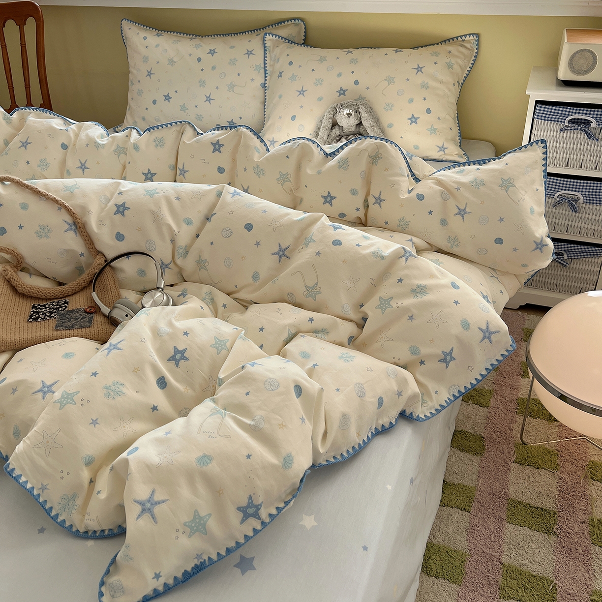 91家纺网 家纺一手货源 找家纺 瑞莱 2026新款全棉印花贝壳边四件套 挽星河