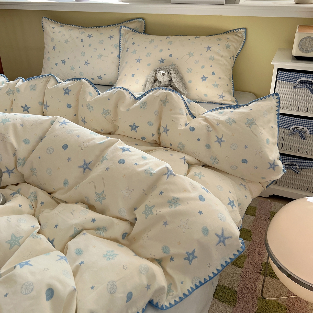 91家纺网 家纺一手货源 找家纺 瑞莱 2026新款全棉印花贝壳边四件套 挽星河