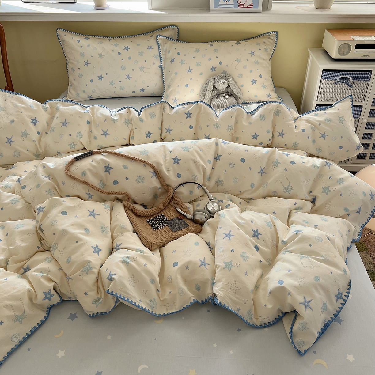 91家纺网 家纺一手货源 找家纺 瑞莱 2026新款全棉印花贝壳边四件套 挽星河