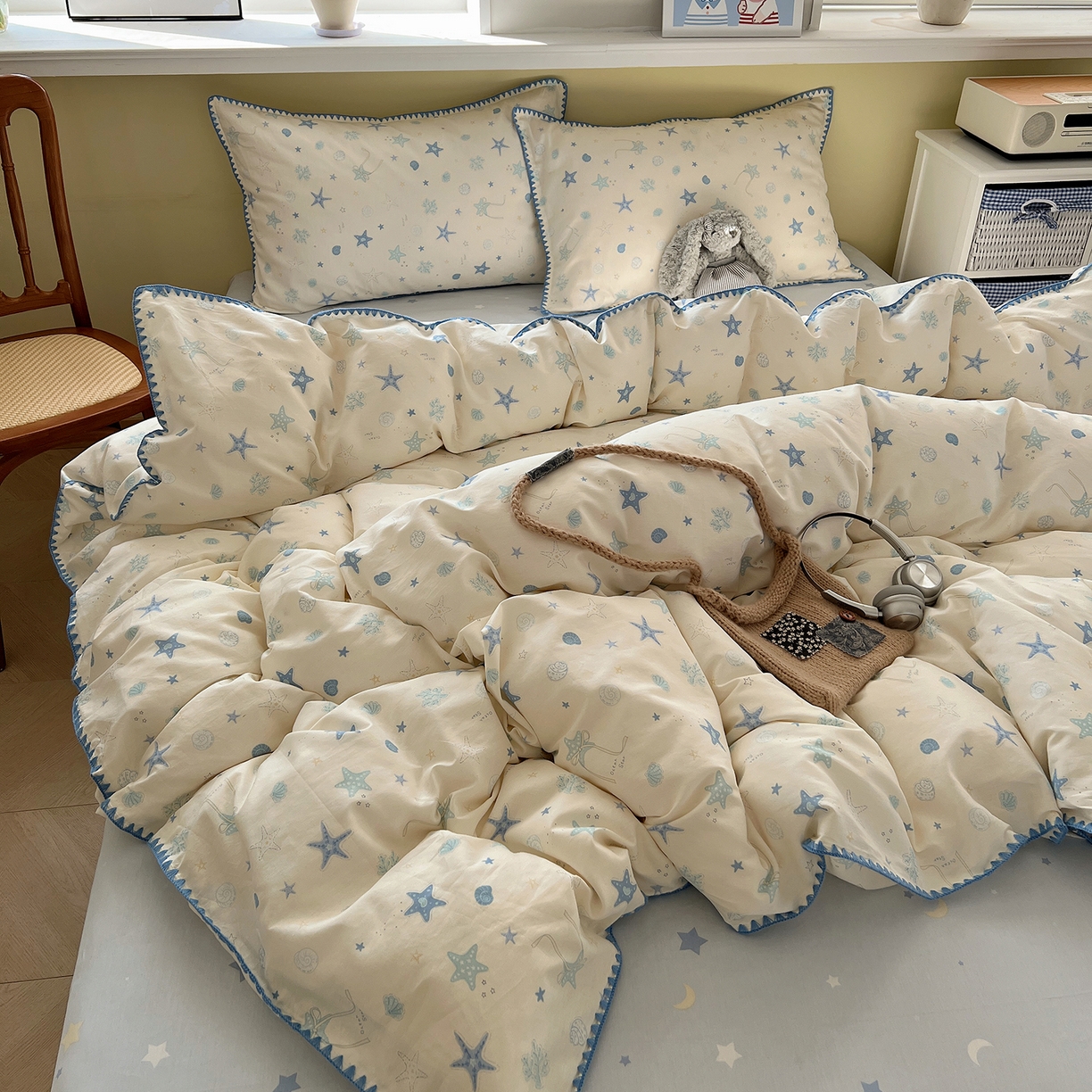 91家纺网 家纺一手货源 找家纺 瑞莱 2026新款全棉印花贝壳边四件套 挽星河