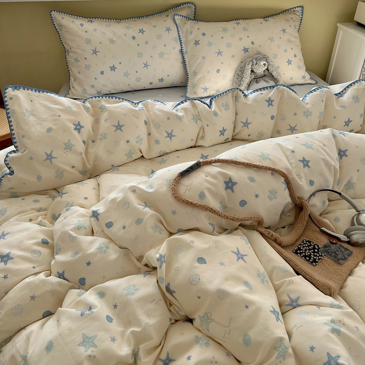 91家纺网 家纺一手货源 找家纺 瑞莱 2026新款全棉印花贝壳边四件套 挽星河