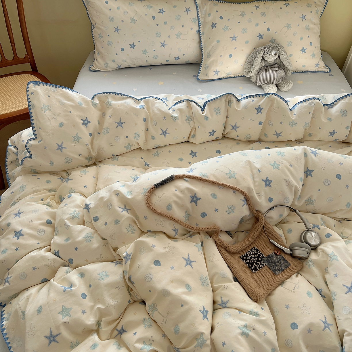 91家纺网 家纺一手货源 找家纺 瑞莱 2026新款全棉印花贝壳边四件套 挽星河