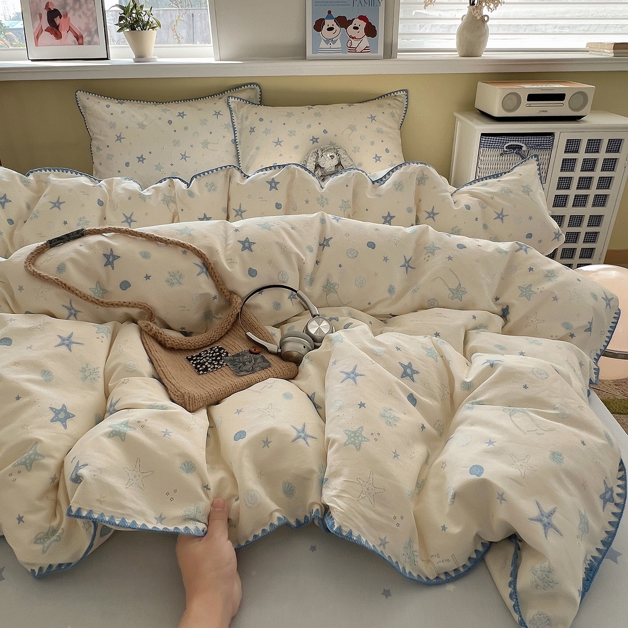 91家纺网 家纺一手货源 找家纺 瑞莱 2026新款全棉印花贝壳边四件套 挽星河