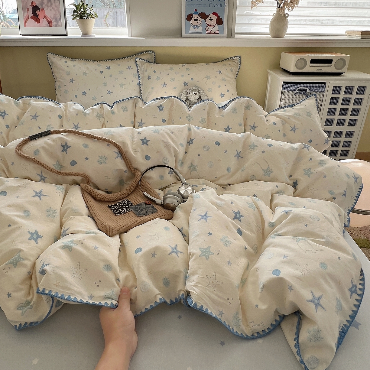 91家纺网 家纺一手货源 找家纺 瑞莱 2026新款全棉印花贝壳边四件套 挽星河