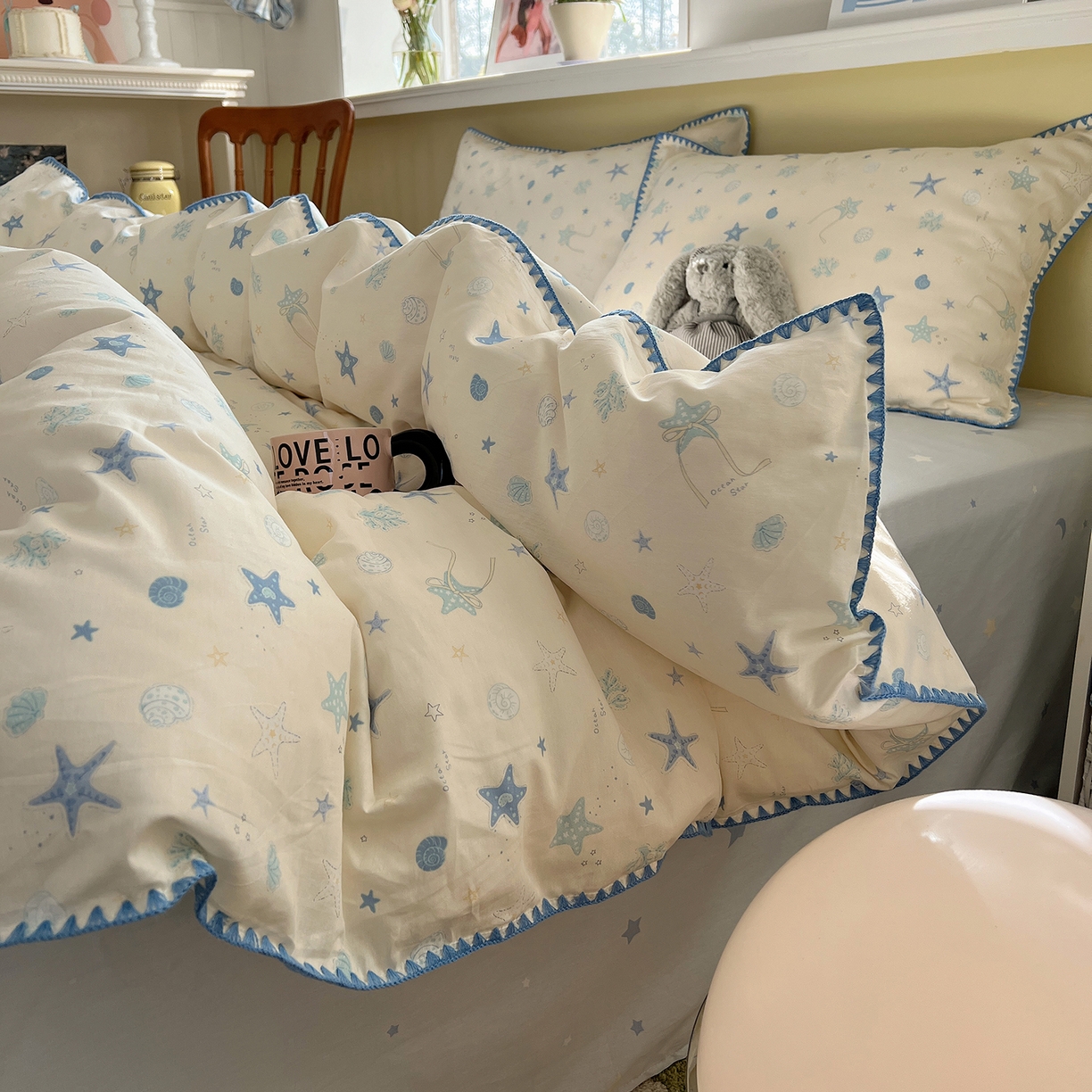 91家纺网 家纺一手货源 找家纺 瑞莱 2026新款全棉印花贝壳边四件套 挽星河