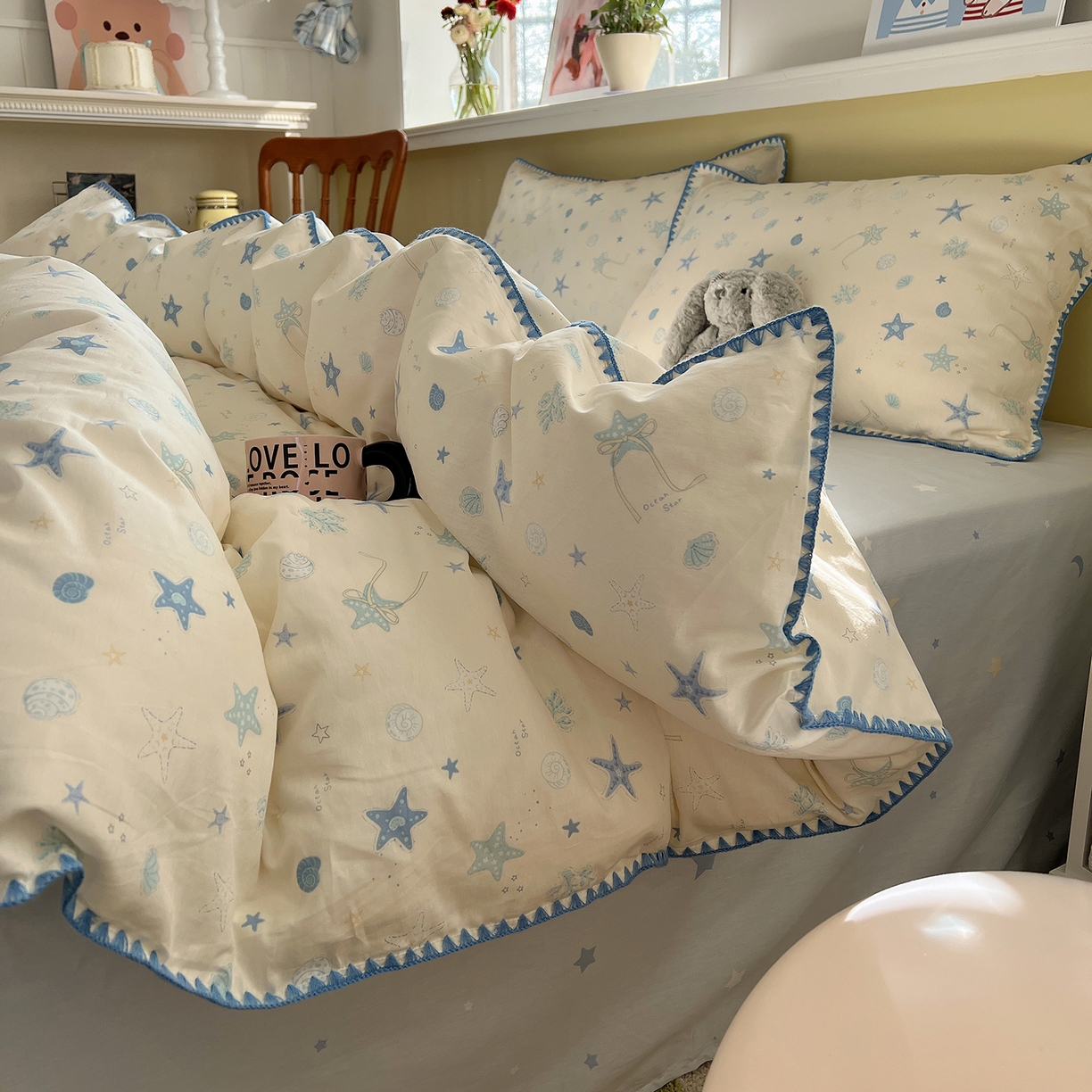 91家纺网 家纺一手货源 找家纺 瑞莱 2026新款全棉印花贝壳边四件套 挽星河