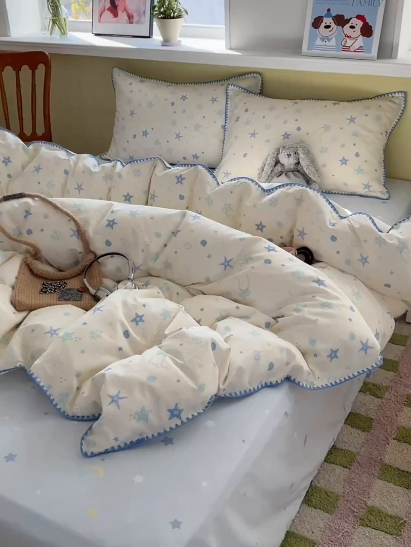 91家纺网 家纺一手货源 找家纺 瑞莱 2026新款全棉印花贝壳边四件套 挽星河