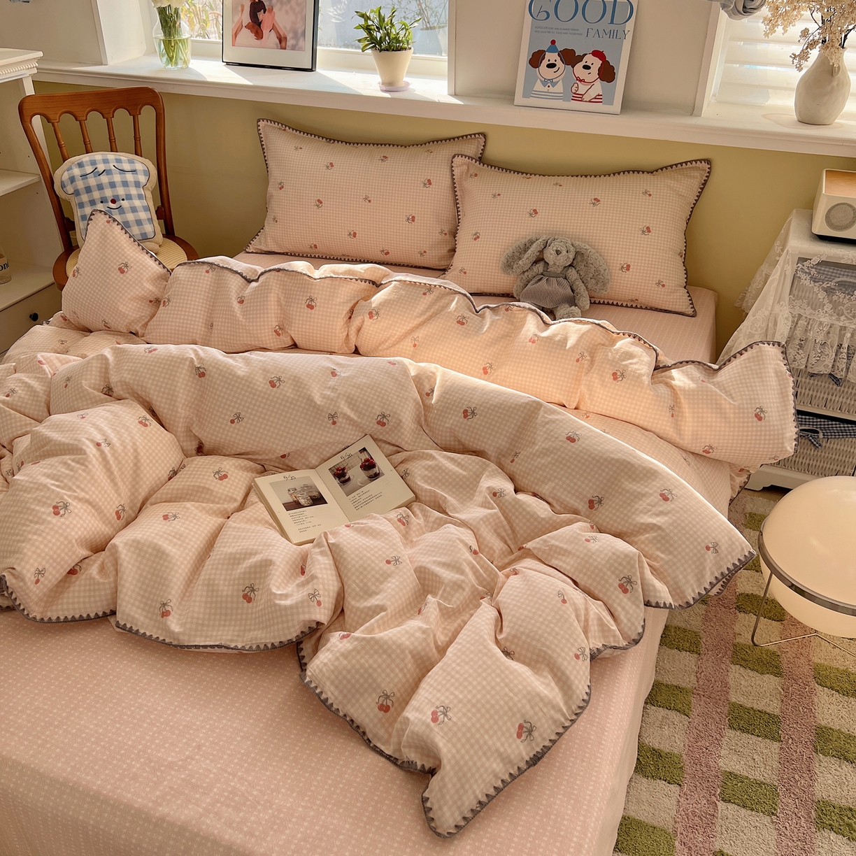 91家纺网 家纺一手货源 找家纺 瑞莱 2026新款全棉印花贝壳边四件套 樱桃快递