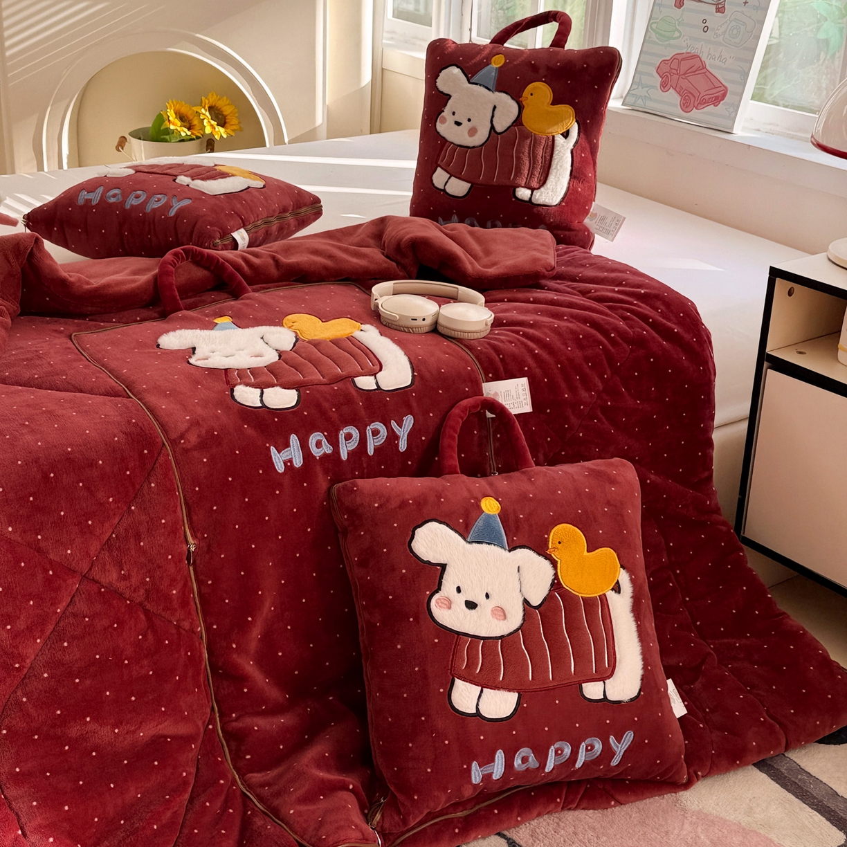 91家纺网 家纺一手货源 找家纺 古本家居 2025新款牛奶绒鸭鸭狗抱枕被 鸭鸭狗红波点