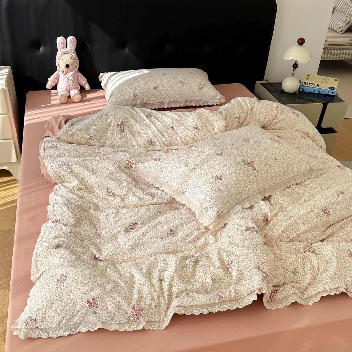 91家纺网 家纺一手货源 找家纺 竹合 2026新款田园韩版花边款小碎花古法水洗仿棉A类云感棉四件套 春野