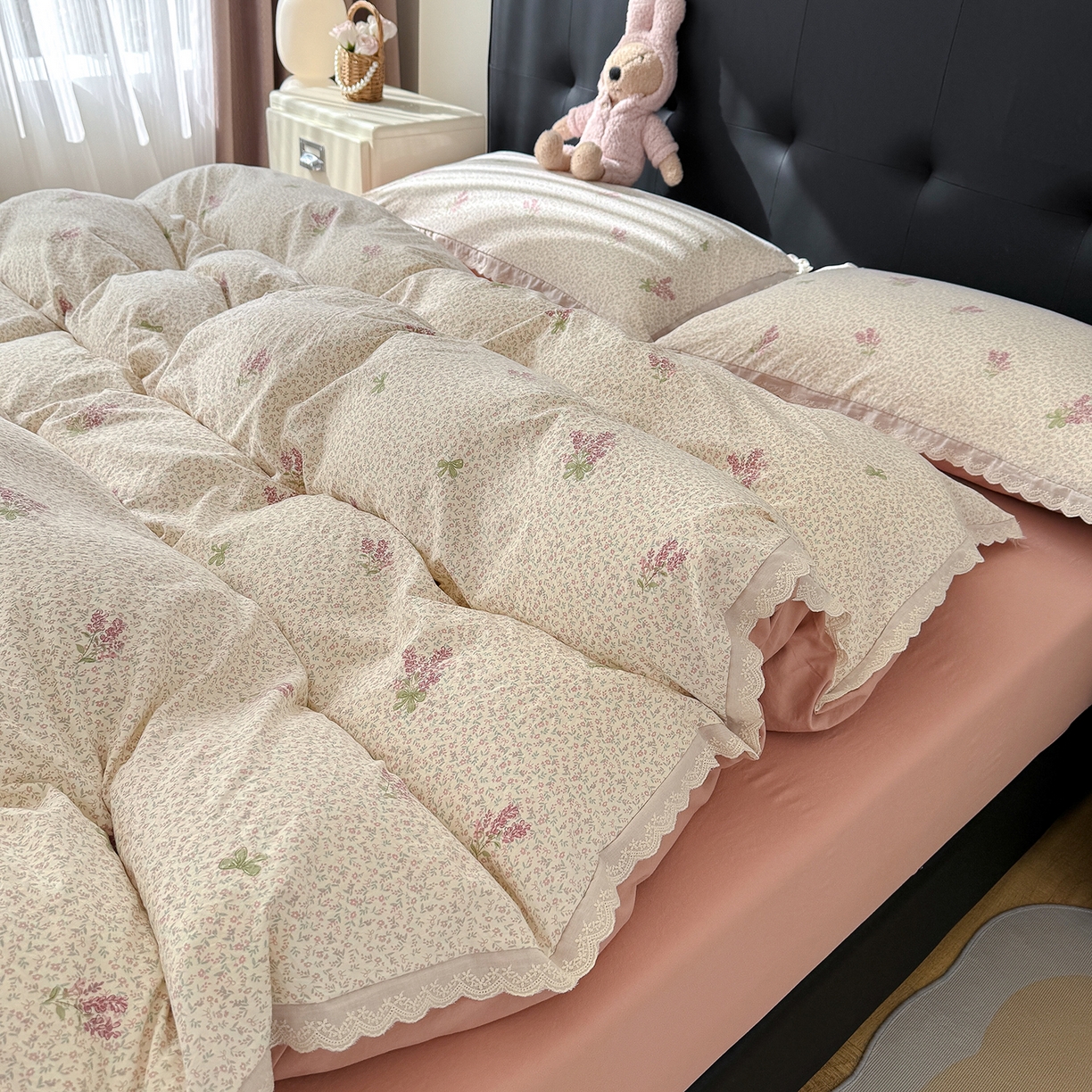 91家纺网 家纺一手货源 找家纺 竹合 2026新款田园韩版花边款小碎花古法水洗仿棉A类云感棉四件套 春野