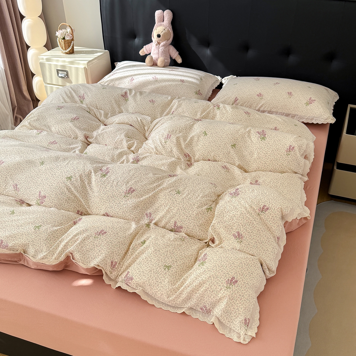 91家纺网 家纺一手货源 找家纺 竹合 2026新款田园韩版花边款小碎花古法水洗仿棉A类云感棉四件套 春野