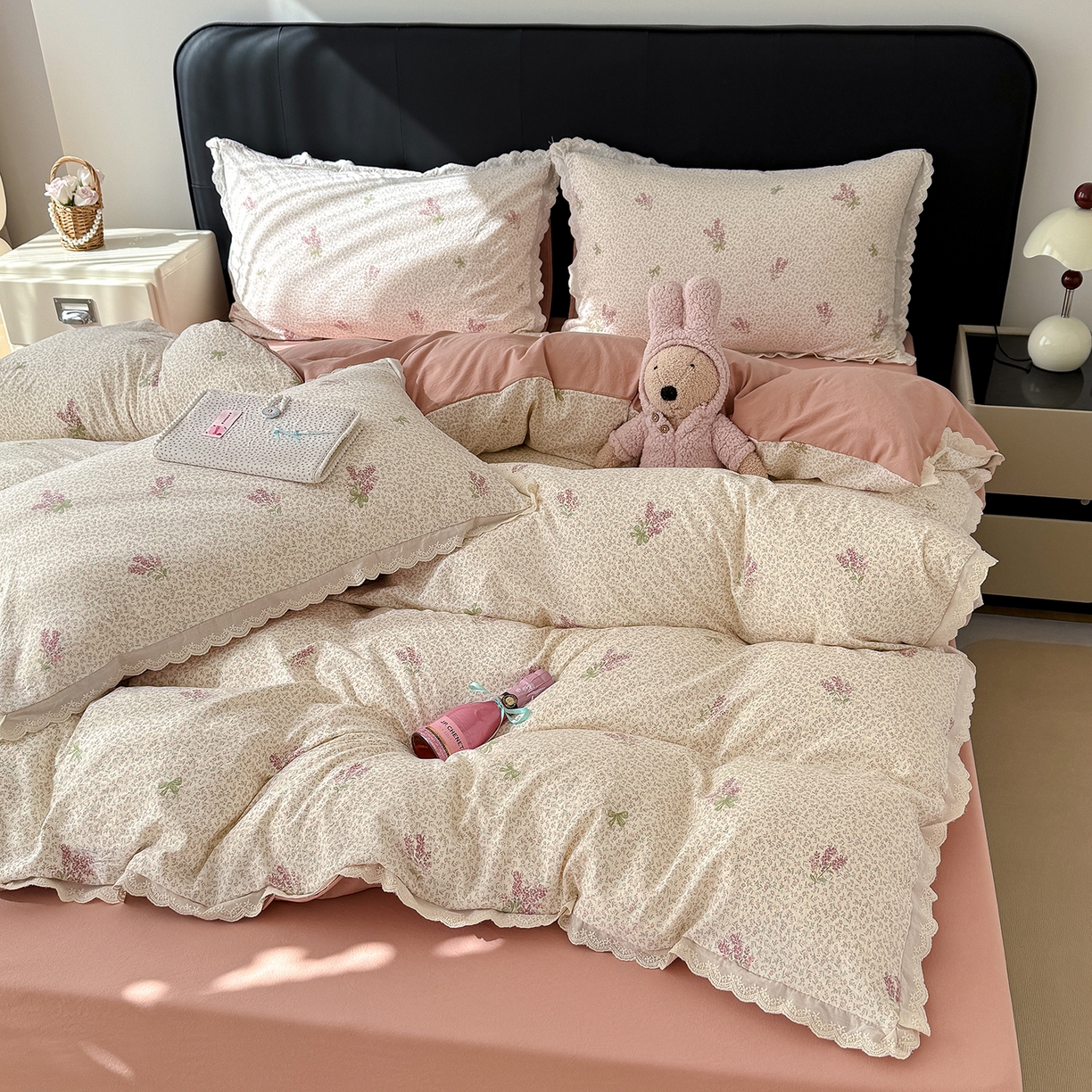 91家纺网 家纺一手货源 找家纺 竹合 2026新款田园韩版花边款小碎花古法水洗仿棉A类云感棉四件套 春野