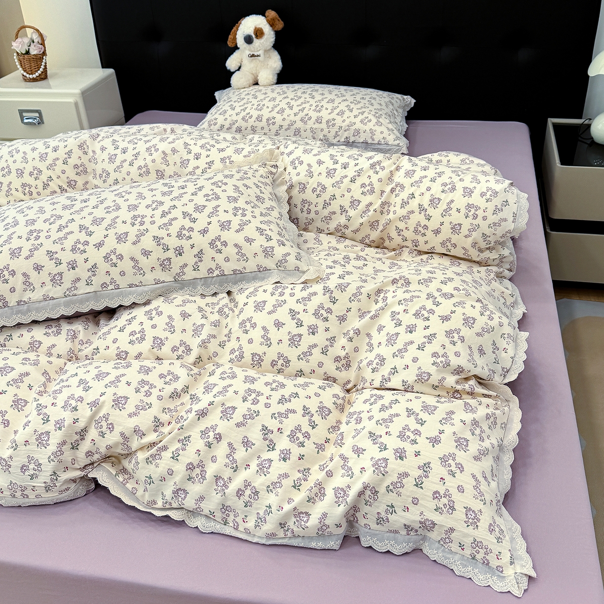 91家纺网 家纺一手货源 找家纺 竹合 2026新款田园韩版花边款小碎花古法水洗仿棉A类云感棉四件套 漫步花间