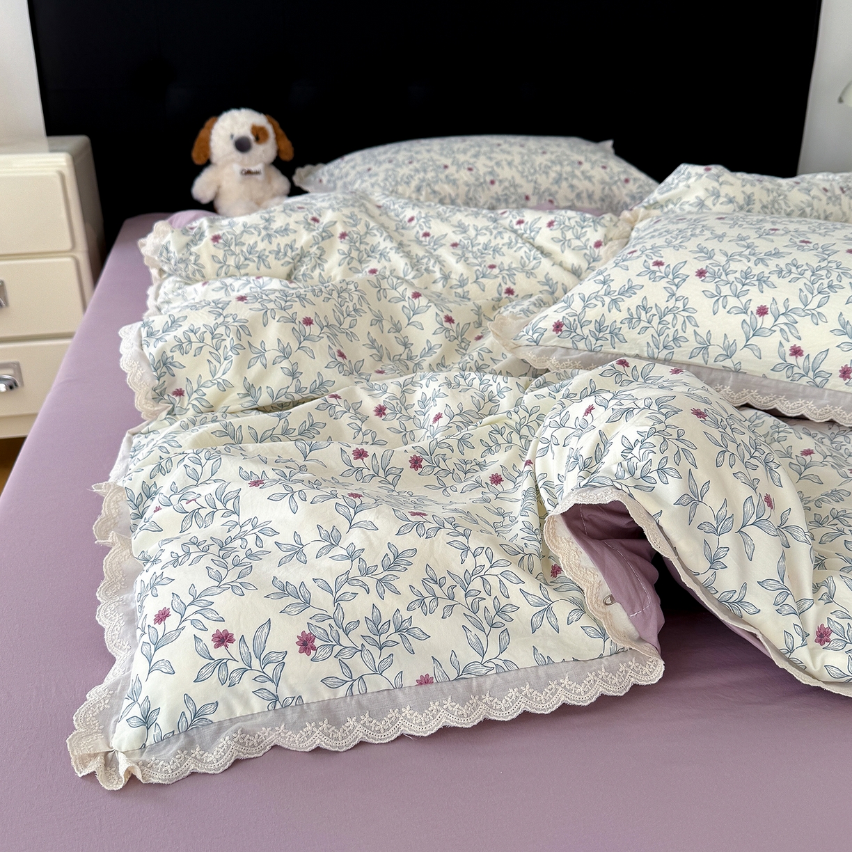 91家纺网 家纺一手货源 找家纺 竹合 2026新款田园韩版花边款小碎花古法水洗仿棉A类云感棉四件套 半糖悠然