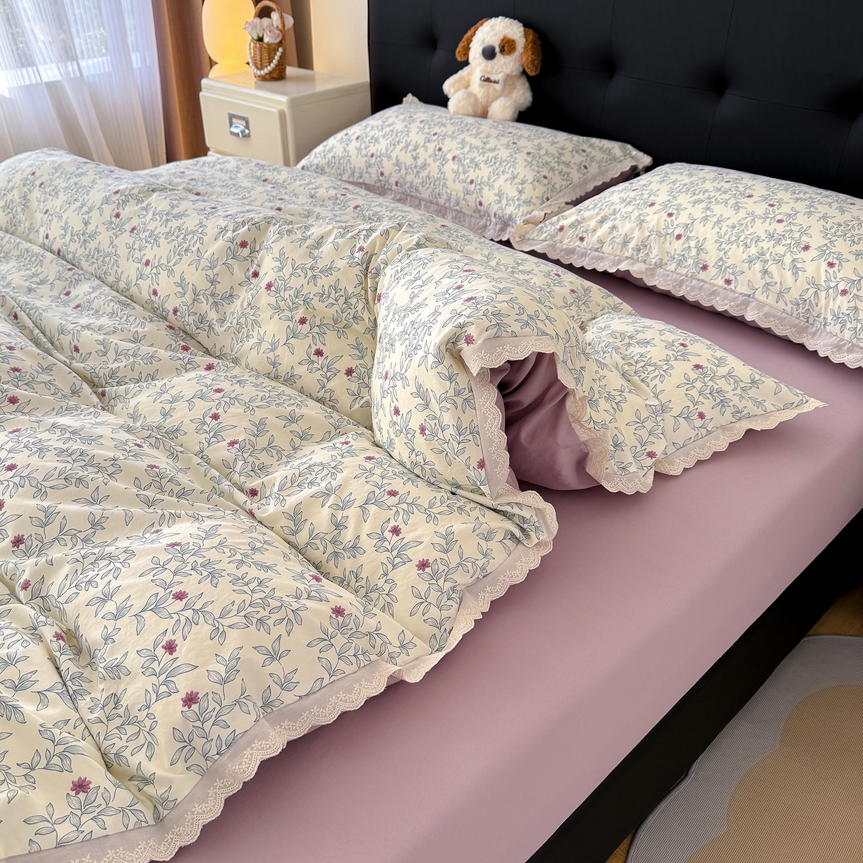 91家纺网 家纺一手货源 找家纺 竹合 2026新款田园韩版花边款小碎花古法水洗仿棉A类云感棉四件套 半糖悠然