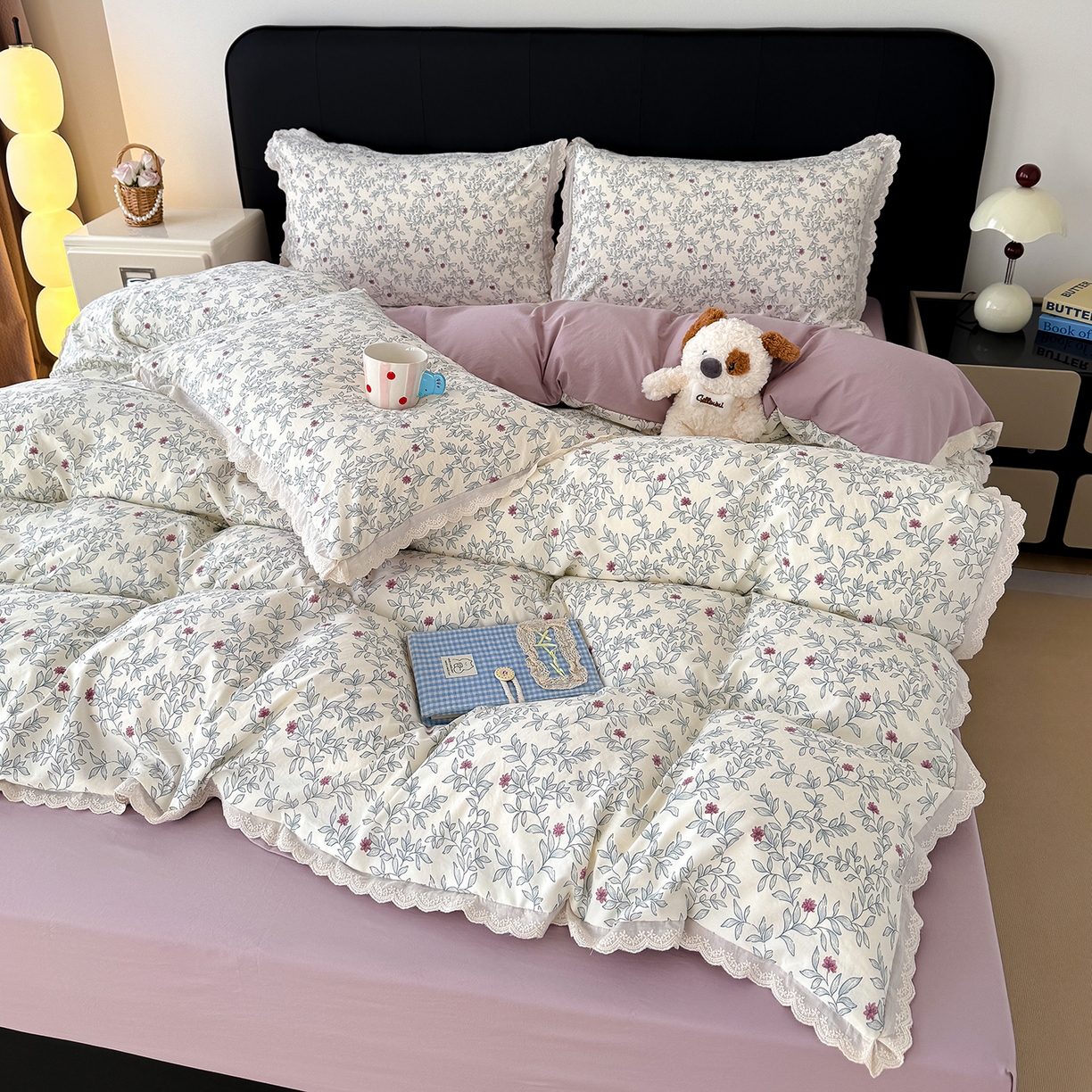 91家纺网 家纺一手货源 找家纺 竹合 2026新款田园韩版花边款小碎花古法水洗仿棉A类云感棉四件套 半糖悠然