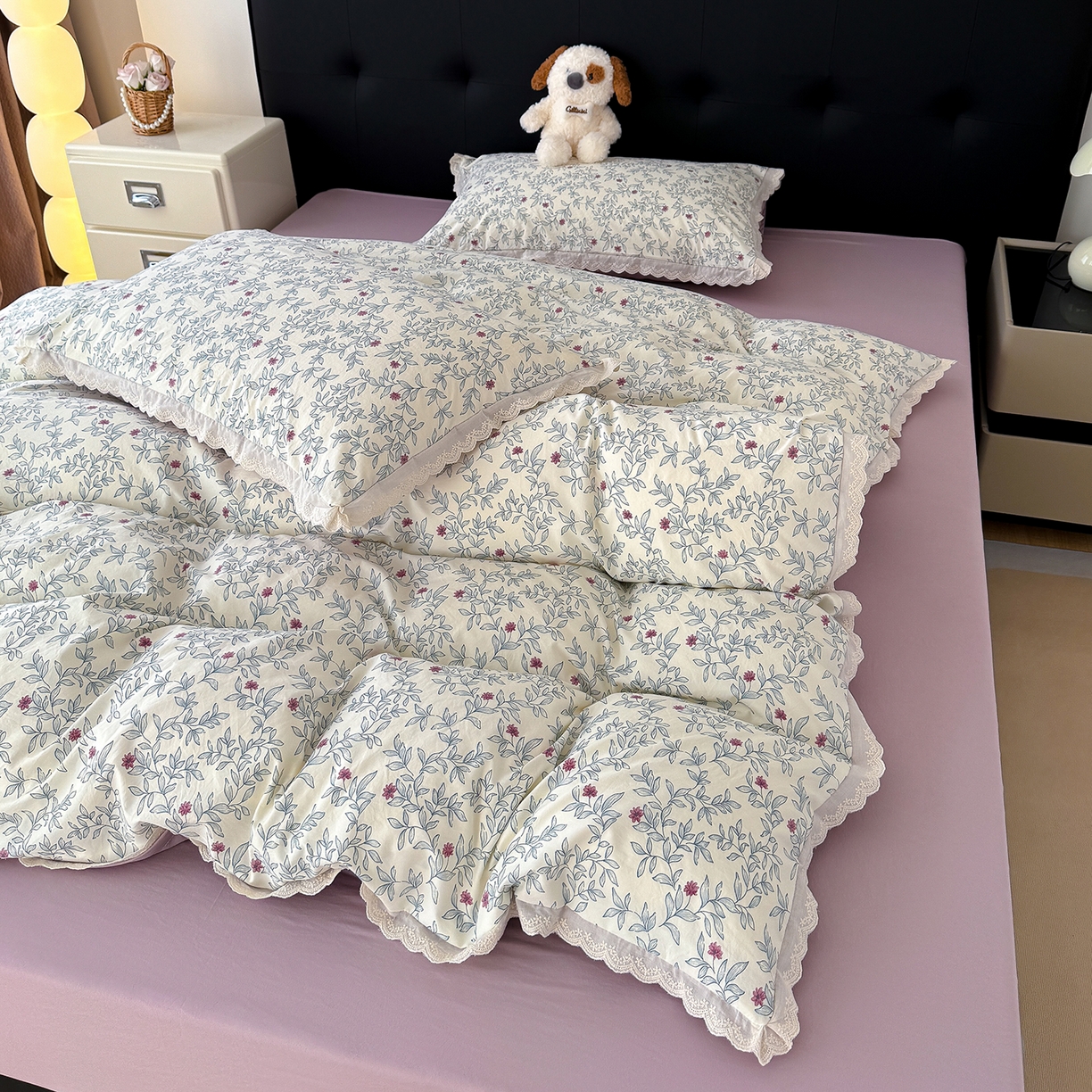 91家纺网 家纺一手货源 找家纺 竹合 2026新款田园韩版花边款小碎花古法水洗仿棉A类云感棉四件套 半糖悠然