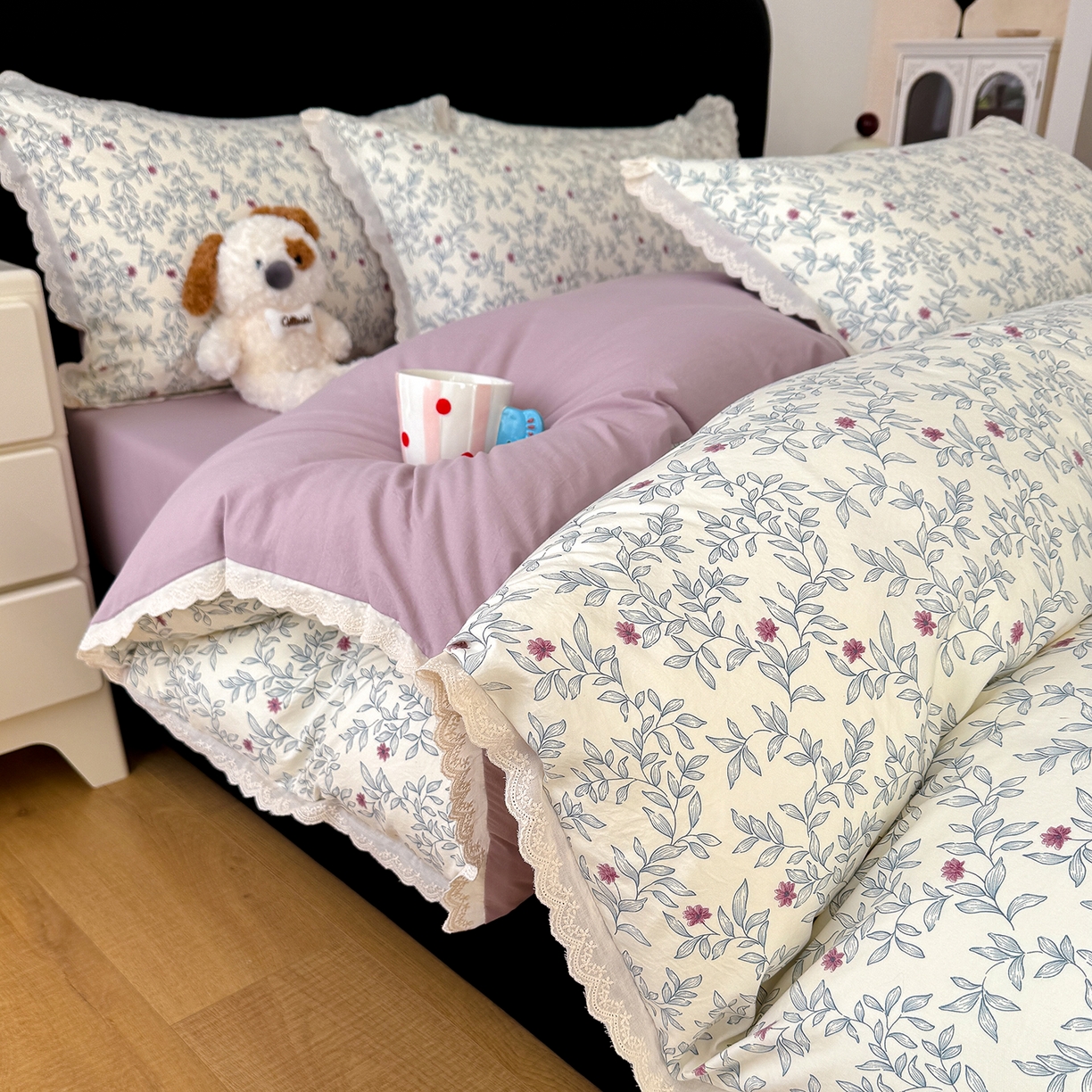 91家纺网 家纺一手货源 找家纺 竹合 2026新款田园韩版花边款小碎花古法水洗仿棉A类云感棉四件套 半糖悠然